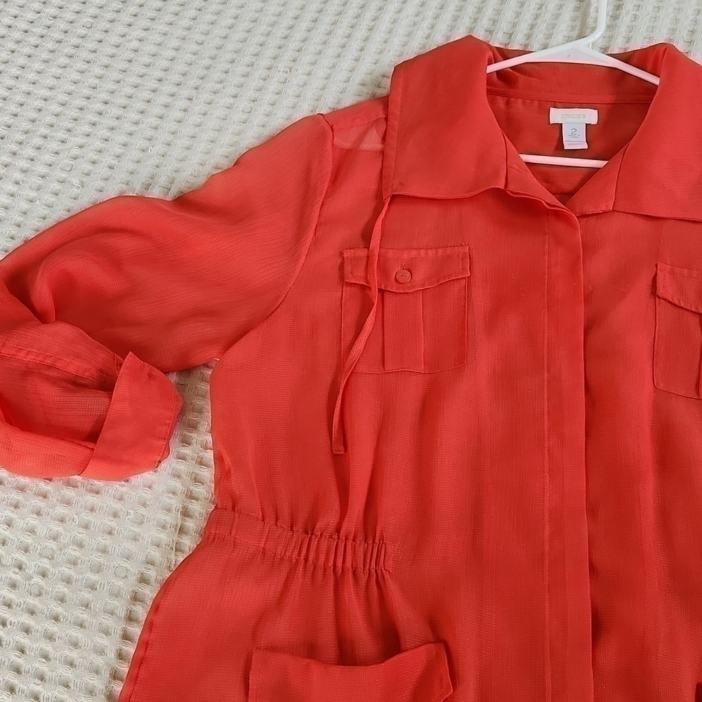 Chicos Sheer Shacket Traveling Coral orange size 2 Large 8/10 Lagenlook Fall - Picture 3 of 10